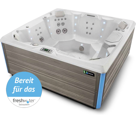 Foto eines Whirlpool mit einer grauen Außenverkleidung und mit einer Wanne in Alpinweiß